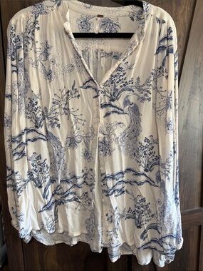 Free People White Blouse with Blue Toile Print